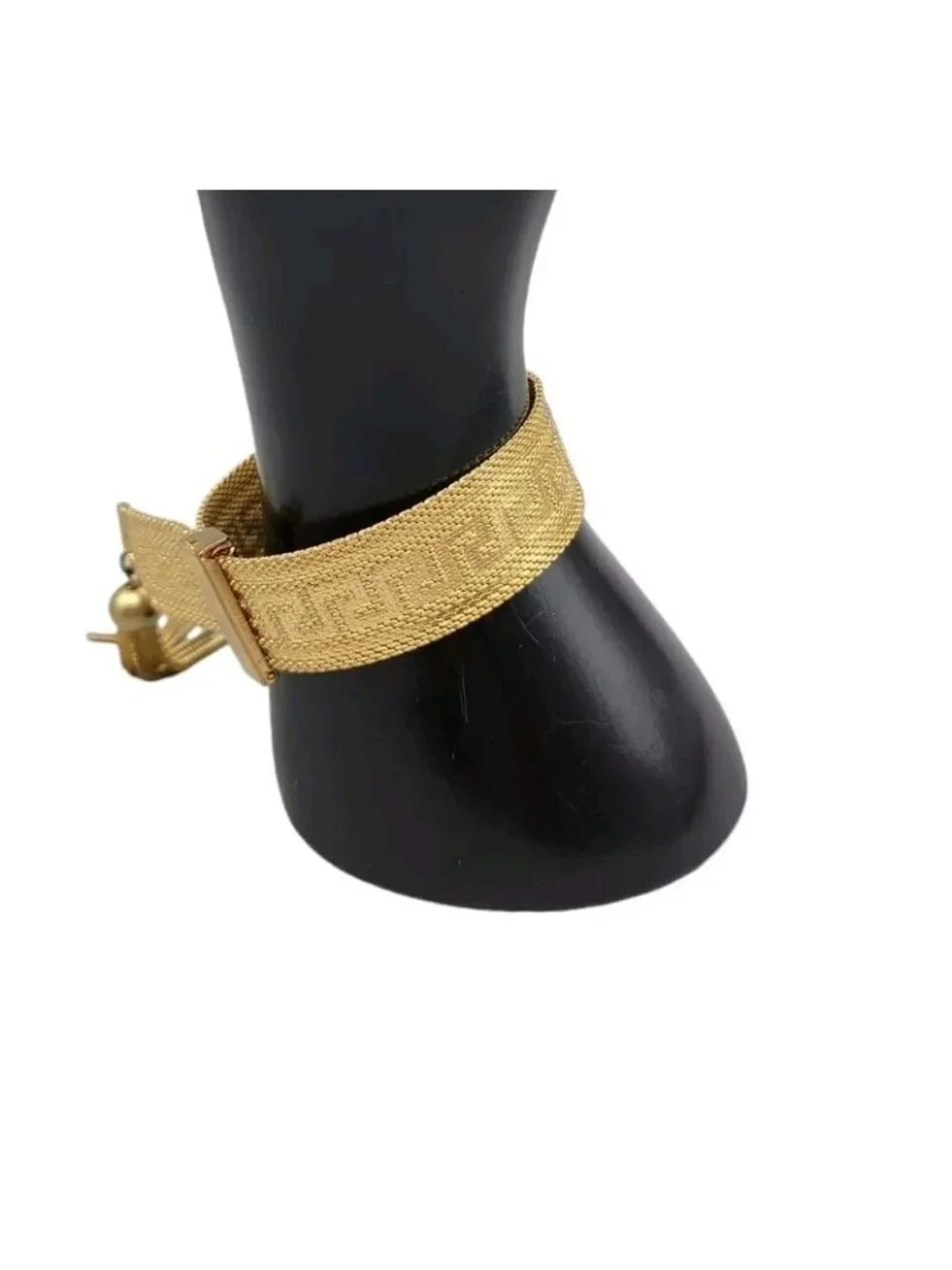 Art Deco Byzantine Greek Key Tassel Gold Tone Mesh Slide Bracelet - Picture 4 of 16